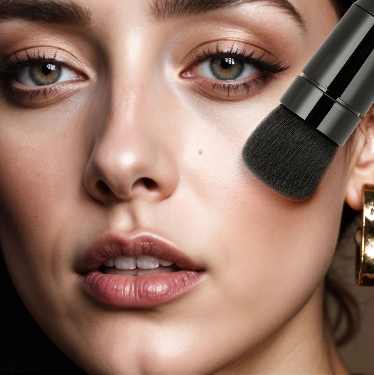 Close-up of a face with the Flaminglo brush blending foundation into skin