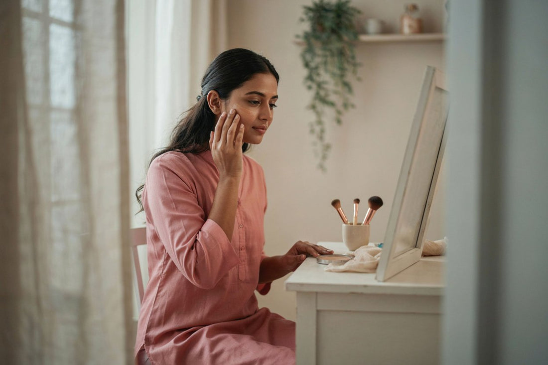 Woman blending foundation on her cheek at a vanity in morning light