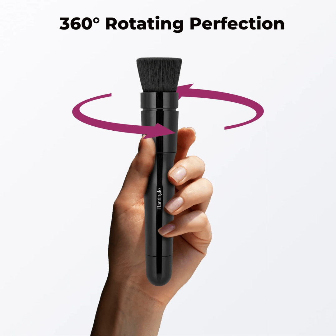 Hand holding the Flaminglo rotating makeup brush with a 360-degree rotation graphic