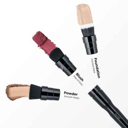 Flaminglo rotating makeup brush handle with foundation, blush and powder heads beside product swatches